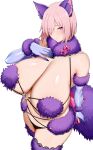  1girl absurdres alternate_breast_size animal_ears arind_yudha arm_behind_back bare_shoulders blush breasts cleavage elbow_gloves eyes_visible_through_hair fate/grand_order fate_(series) from_above fur_trim gloves hand_on_own_chest highres huge_breasts looking_at_viewer mash_kyrielight mash_kyrielight_(dangerous_beast) official_alternate_costume parted_lips pink_hair purple_eyes purple_gloves purple_thighhighs short_hair simple_background solo thighhighs white_background 