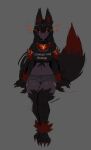  1girl absurdres animal_ears artist_name black_fur black_hair breasts choker claws crop_top dark_skin english_text facing_viewer fire frenchthenhen front-tie_top full_body grey_background hellhound_(monster_girl_encyclopedia) highres large_breasts long_hair looking_at_viewer midriff monster_girl monster_girl_encyclopedia navel red_eyes short_shorts short_sleeves shorts simple_background sitting sketch smile solo tail twitter_username 