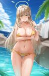  1girl ass_visible_through_thighs bikini blonde_hair blue_archive blue_sky breasts closed_mouth cloud commentary_request covering_breasts covering_privates cowboy_shot day green_eyes hair_between_eyes halo hat highres horizon large_breasts lazb. long_hair looking_at_viewer navel nonomi_(blue_archive) nonomi_(swimsuit)_(blue_archive) ocean official_alternate_costume outdoors sky smile solo standing sun_hat swimsuit thighs unworn_hat unworn_headwear very_long_hair white_hat white_towel yellow_bikini 