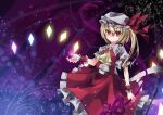  1girl ascot blonde_hair cowboy_shot crystal_wings dress flandre_scarlet frilled_dress frills hat highres looking_at_viewer mob_cap red_dress red_eyes shika_lq side_ponytail smile solo touhou wrist_cuffs yellow_ascot 