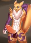  2016 abs anthro armwear athletic balls bedroom_eyes black_nose black_sclera blue_eyes bridal_gauntlets canid canine clothed clothing digimon digimon_(species) digital_media_(artwork) doomthewolf edit english_text erection facial_markings fur grey_background half-closed_eyes hi_res humanoid_penis looking_at_viewer male mammal markings mostly_nude multicolored_fur muscular muscular_male navel nipples penis purple_armwear purple_clothing purple_markings raised_arm renamon seductive signature simple_background smile solo standing text tuft two_tone_fur underwear white_fur yellow_fur 