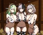  3girls absurdres animal_ears animal_print asymmetrical_docking bell bikini breast_press breasts ceres_fauna cleavage cow_ears cow_girl cow_horns cow_print cow_print_bikini cowbell daydarion english_commentary green_eyes grey_hair highres hololive hololive_english horns huge_breasts large_breasts long_hair multiple_girls navel print_bikini shiori_novella shirogane_noel swimsuit thighhighs thighs virtual_youtuber 