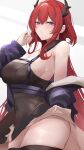  1girl absurdres arknights bare_shoulders black_dress black_thighhighs breasts cleavage commentary cowboy_shot dress hand_up highres horns kunizaki large_breasts long_hair looking_at_viewer off_shoulder purple_eyes red_hair solo standing surtr_(arknights) thick_thighs thighhighs thighs very_long_hair 