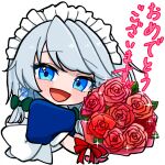  1girl :d artist_name asaka_haru123 back_bow blue_dress blue_eyes blue_hair bouquet bow braid cropped_torso deformed dress flower green_bow hair_bow highres holding holding_bouquet izayoi_sakuya light_blue_hair light_blush long_hair looking_at_viewer maid maid_headdress no_nose puffy_short_sleeves puffy_sleeves raised_eyebrows red_flower red_rose rose short_sleeves simple_background smile sparkle swept_bangs touhou translation_request twin_braids white_background white_bow 