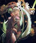  1girl bird black_background duck feathers fighting_miku_(project_voltage) flower food green_hair hatsune_miku highres holding holding_food holding_spring_onion holding_vegetable pokemon pokemon_(creature) project_voltage reo_(mmocc123) sirfetch&#039;d spring_onion standing vegetable vocaloid white_feathers yellow_eyes 