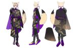  1boy :d animal_ears asymmetrical_sleeves black_cape black_footwear black_gloves black_kimono black_pants blonde_hair cape clothing_cutout commentary english_commentary flower fox_ears fox_tail full_body globie gloves japanese_clothes kimono knot komiyama_ambros male_focus multiple_views open_mouth pants pleated_kimono purple_eyes purple_flower reference_sheet second-party_source shien_shion smile standing tail tassel virtual_youtuber white_background 