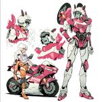  2girls absurdres arcee armor breasts hand_on_own_hip helmet highres humanoid_robot medium_breasts motor_vehicle motorcycle multiple_girls oliverono panties pink_panties robot robot_girl shoulder_armor thighs transformers underwear white_background white_hair 