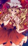  1girl absurdres ascot blonde_hair cowboy_shot dress fant flandre_scarlet hand_up hat highres mob_cap red_dress side_ponytail smile solo touhou wrist_cuffs yellow_ascot 