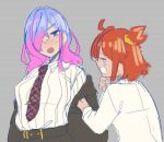  2girls artist_request black_jacket blush breasts cerejeira_elron chaldea_uniform crying fate/grand_order fate_(series) fujimaru_ritsuka_(female) green_eyes jacket large_breasts long_hair multicolored_hair multiple_girls necktie open_clothes open_jacket orange_eyes purple_lips purple_necktie skirt white_skirt 