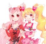  2girls black_bow blonde_hair blush bow brooch choker closed_mouth collarbone cowboy_shot cure_passion cure_peach dot_nose dress earrings fresh_precure! frilled_arm_wamers frills hair_ornament heart heart_earrings heart_hair_ornament higashi_setsuna jewelry long_hair looking_at_viewer magical_girl momozono_love multiple_girls namo_(namo_suuun) one_eye_closed pink_choker pink_eyes pink_hair pink_skirt pink_wrist_cuffs precure puffy_sleeves red_arm_warmers red_dress red_eyes simple_background skirt smile standing tiara twintails white_background white_choker wrist_cuffs 