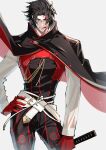  1boy absurdres belt black_coat black_hair blood blood_on_face coat fate/grand_order fate_(series) gloves haruakira highres hijikata_toshizou_(fate) holding jacket katana licking licking_blood long_sleeves male_focus multicolored_coat multiple_belts red_coat red_gloves red_trim shirt short_hair smile solo sword two-tone_coat weapon white_belt 