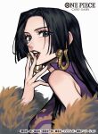  1girl black_eyes black_hair boa_hancock close-up coat commentary_request copyright_name dress earrings eyelashes fur_coat highres hime_cut jewelry long_hair looking_at_viewer official_art one_piece profile purple_dress red_lips simple_background snake_earrings solo sunohara_(encount) upper_body white_background 