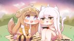  2girls :3 :p absurdres ahoge animal_ear_fluff animal_ears barefoot bell blue_eyes blush_stickers bow brown_eyes brown_hair butter_(trickcal) cat_ears cat_girl cat_tail chibi cloud dog_ears dog_girl dog_tail eye_contact face-to-face fang feet hair_bow highres jingle_bell komi_(trickcal) long_hair looking_at_another messy_hair multiple_girls mumira_(huti1234) neck_bell nintendo_switch open_mouth outdoors pink_footwear pink_hair pink_shorts playing_games ribbon shirt shoes short_sleeves shorts sitting sky smile striped_clothes striped_thighhighs tail thighhighs toes tongue tongue_out trickcal very_long_hair white_shirt yellow_shirt 
