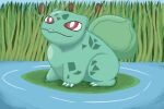 ambiguous_gender amphibian bulb bulbasaur cat_tail claws digital_media_(artwork) elemental_creature feral flora_fauna frog generation_1_pokemon green_body lily_pad lunarpanda8686 markings nintendo plant pokemon pokemon_(species) pond red_eyes reeds sitting smile solo water