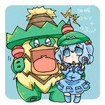  &gt;_&lt; bad_id bad_pixiv_id blue_background blue_eyes blue_hair blush character_name chibi closed_eyes gen_3_pokemon hair_bobbles hair_ornament hat kawashiro_nitori lowres ludicolo pokemon pokemon_(creature) short_hair simple_background takamura touhou two_side_up wrench 