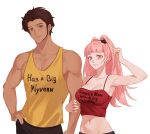  1boy 1girl arm_up bare_arms bare_shoulders blunt_bangs breasts brown_hair camisole claude_von_riegan cleavage clothes_writing commentary commission crop_top fire_emblem fire_emblem:_three_houses grey_eyes hair_intakes hand_on_own_hip highres hilda_valentine_goneril looking_at_viewer mazelwi medium_breasts midriff navel pink_eyes pink_hair second-party_source short_hair simple_background smile spaghetti_strap stomach tank_top upper_body white_background yellow_tank_top 