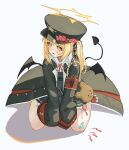  1girl animal_bag bandaid bandaid_on_knee bandaid_on_leg bare_legs between_legs black_coat black_dress blonde_hair blue_archive blush coat demon_girl demon_tail demon_wings dress facing_viewer full_body halo hand_between_legs hat highres ibuki_(blue_archive) kneeling long_hair looking_to_the_side open_clothes open_coat side_ponytail solo stuffed_animal stuffed_toy tail tears teddy_bear uito_yzwa v_arms very_long_sleeves wings yellow_eyes yellow_halo 