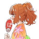  1girl cure_yum-yum delicious_party_precure floral_print_dress from_side hanamichi_ran hand_fan highres japanese_clothes kimono light_brown_hair paper_fan precure ribbon side_ponytail sighseeing uchiwa yufu_kyouko yukata 