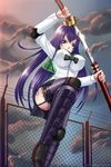  breasts busujima_saeko dusk fence highres highschool_of_the_dead katana large_breasts long_hair md5_mismatch purple_hair silent-fly solo sword weapon 