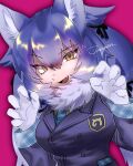  1girl :d animal_ear_fluff animal_ears bad_id bad_twitter_id black_jacket blue_hair breasts claw_pose claws dire_wolf_(kemono_friends) fang fur_collar gradient_hair hair_between_eyes highres inactive_account jacket japari_symbol jmeysan kemono_friends kemono_friends_v_project large_breasts long_hair long_sleeves looking_at_viewer multicolored_hair open_mouth simple_background smile solo upper_body virtual_youtuber white_hair wolf_ears yellow_eyes 