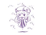  :x capelet chibi commentary_request crescent dress floating fuugetsu_oreha_ikiru hair_ribbon hat hat_ornament long_hair long_sleeves low-tied_long_hair mob_cap monochrome patchouli_knowledge ribbon sidelocks simple_background solo striped striped_dress touhou translated tress_ribbon vertical_stripes very_long_hair waving_arms white_background 