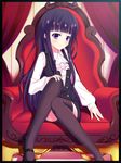  black_hair black_legwear eyebrows_visible_through_hair hand_on_own_knee highres hime_cut inu_x_boku_ss kazeoto_kirito long_hair looking_at_viewer purple_eyes school_uniform shirakiin_ririchiyo sitting solo thighhighs 