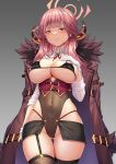  1girl aru_(blue_archive) ass_visible_through_thighs black_thighhighs blue_archive blush breasts brown_coat brown_horns cameltoe coat coat_on_shoulders commentary demon_horns fur-trimmed_coat fur_trim garter_straps gloves halo highres horns large_breasts long_hair long_sleeves looking_at_viewer neck_ribbon pink_hair pink_halo ribbon shirt single_garter_strap solo tako_seijin thighhighs white_gloves white_shirt yellow_eyes 