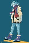  1boy boots eyelashes full_body green_eyes green_hair grusha_(pokemon) hands_in_pockets highres jacket looking_down male_focus min_(myna8247) pants poke_ball_print pokemon pokemon_sv scarf scarf_over_mouth signature solo standing striped_clothes striped_scarf yellow_jacket 