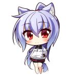  1girl animal_ear_fluff animal_ears barefoot black_shorts blue_hair chibi commentary_request full_body hair_between_eyes hand_in_pocket jacket long_hair long_sleeves original ponytail puffy_long_sleeves puffy_sleeves red_eyes shachoo. short_shorts shorts simple_background solo standing tail very_long_hair white_background white_jacket wolf_ears wolf_girl wolf_tail 