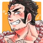  1boy absurdres bara bead_necklace beads blush cross_scar facial_hair goatee_stubble grin highres houzouin_oniwaka jewelry long_sideburns looking_at_viewer male_focus multicolored_hair muscular muscular_male necklace nude pectorals portrait scar scar_on_face scar_on_forehead short_hair sideburns smile solo sparse_chest_hair stubble thick_eyebrows tokyo_afterschool_summoners two-tone_hair yokujitsu_(yokuzi_41) 