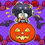  1girl alarmed bat_(animal) black_hair bolt chibi chibi_only cosplay crude_stitches d: electricity frankenstein&#039;s_monster frankenstein&#039;s_monster_(cosplay) halloween halloween_costume hands_on_own_face horizontal-striped_clothes jack-o&#039;-lantern lightning_bolt_symbol looking_at_viewer object_through_head open_mouth polka_dot polka_dot_background purple_background ranma_1/2 screw_in_head short_hair stitched_arm stitched_face stitches tendou_akane wanta_(futoshi) wide-eyed 