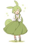  1girl :d absurdres blush closed_eyes collared_shirt dot_nose dress facing_viewer frilled_dress frills full_body green_dress green_footwear green_hair head_tilt highres long_dress long_hair long_sleeves low-tied_long_hair open_mouth own_hands_together pinafore_dress shadow shirt shoes sidelocks simple_background sleeveless sleeveless_dress smile socks solo standing voicevox white_background white_shirt white_socks zundamon zunmut 