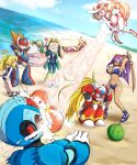  &gt;_&lt; 3boys 5girls absurdres alia_(mega_man) android annoyed armor artist_name axl_(mega_man) ayla_kazemi beach beach_chair bikini blue_bikini blue_one-piece_swimsuit blue_sky breasts brown_hair closed_eyes dark-skinned_female dark_skin ducking food forehead_jewel frilled_bikini frills fruit gun helmet high_ponytail highres holding holding_gun holding_weapon injury iris_(mega_man) large_breasts layer_(mega_man) long_hair lying medium_breasts medium_hair mega_man_(classic) mega_man_(series) mega_man_x_(series) mega_man_x_dive midair multiple_boys multiple_girls navel ocean on_back one-piece_swimsuit orange_bikini pallette_(mega_man) red_bikini revealing_clothes robot_girl roll_(mega_man) sand sky small_breasts spiked_hair suikawari swim_ring swimsuit two-tone_bikini v very_long_hair volleyball watermelon weapon white_bikini x_(mega_man) zero_(mega_man) 