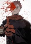  1boy black_jacket blood blood_on_face brown_hair cut-here_line frown hand_up highres hood hood_down hoodie itadori_yuuji jacket jujutsu_kaisen jujutsu_tech_uniform looking_at_viewer male_focus pointing pointing_at_viewer red_eyes red_hoodie scar scar_on_face scissors short_hair solo uoru1_juju upper_body white_background 