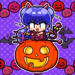  1girl bare_shoulders bat_(animal) black_choker blush bodysuit breasts cat_tail chibi chibi_only choker cleavage demon_costume demon_girl demon_tail demon_wings double_bun elbow_gloves eyeshadow gloves hair_bun hair_ornament halloween halloween_costume hand_on_own_chest holding_trident jack-o&#039;-lantern long_hair looking_at_viewer makeup open_mouth pink_eyeshadow pitchfork polka_dot polka_dot_background purple_background purple_hair ranma_1/2 red_bodysuit red_tail red_wings shampoo shampoo_(ranma_1/2) sidelocks skull_choker small_breasts smug tail tail_ornament wanta_(futoshi) wings 