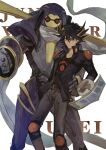  1boy bad_id bad_lofter_id black_hair black_shirt blue_eyes blue_jacket boots brown_footwear brown_gloves character_name clenched_hand cowboy_shot duel_disk duel_monster facial_mark facial_tattoo fudo_yusei gloves grey_pants hand_up high_collar highres jacket junk_warrior knee_boots knee_pads leather_belt looking_at_viewer male_focus multicolored_hair naoki_(2rzmcaizerails6) open_clothes open_jacket pants red_eyes robot scarf serious shirt short_hair shoulder_pads spiked_hair streaked_hair tattoo upper_body white_background white_scarf yu-gi-oh! yu-gi-oh!_5d&#039;s 