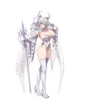  1girl breasts cleavage demon_girl demon_horns demon_wings dress duel_monster ebi_bento full_body gloves grey_eyes highres holding horns large_breasts leotard looking_at_viewer lovely_labrynth_of_the_silver_castle low_wings multiple_wings pointy_ears smile solo transparent_wings twintails white_background white_hair white_horns wings yu-gi-oh! 