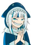  1girl absurdres animal_hood blue_eyes blue_sweater evil_grin evil_smile gawr_gura grey_hair grin highres hood looking_at_viewer rubbing_hands_together scheming shark_hood sharp_teeth short_hair smile sweater teeth zeon_(zzeeonn) 