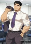  1boy bara black_hair bulge collared_shirt cowboy_shot facial_hair goatee_stubble jacket jacket_over_shoulder kienbiu large_pectorals looking_at_viewer male_focus mature_male muscular muscular_male necktie paid_reward_available pants pectorals photo_background salaryman senpai_ga_uzai_kouhai_no_hanashi shirt short_hair sideburns solo standing stubble takeda_harumi_(shiromanta) thick_eyebrows unworn_jacket 