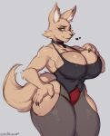  absurd_res anthro big_breasts breasts canid canine canis claws clothed clothing collar ear_piercing ear_ring female fur hdhxrrfg heart_symbol hi_res huge_breasts mammal piercing red_eyes ring_piercing simple_background solo tail thick_thighs wide_hips 