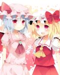  2girls ascot blonde_hair blue_hair closed_mouth cowboy_shot crystal_wings dress embodiment_of_scarlet_devil flandre_scarlet frilled_dress frills hat hat_ribbon mii0617 mob_cap multiple_girls open_mouth red_ascot red_ribbon remilia_scarlet ribbon short_hair siblings side_ponytail smile touhou twins yellow_ascot 