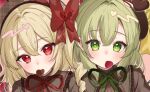  2girls alternate_costume black_shirt blonde_hair blush bow candy chocolate close-up closed_mouth colored_eyelashes commentary curly_hair eyelashes eyes_visible_through_hair flandre_scarlet food food_in_mouth frilled_shirt_collar frills green_eyes green_hair hair_between_eyes hair_bow hair_intakes heart heart-shaped_chocolate heart-shaped_pupils huge_bow komeiji_koishi looking_at_viewer lovestruck medium_hair multiple_girls neck_ribbon paragasu_(parags112) red_bow red_eyes ribbon shirt side-by-side side_ponytail symbol-only_commentary symbol-shaped_pupils touhou trait_connection tsurime 