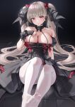  1girl absurdres alternate_costume azur_lane bare_shoulders black_dress black_gloves blush breasts classic_(zildjian33) cleavage collarbone commentary_request dark_background detached_sleeves dress earpiece fingerless_gloves formidable_(azur_lane) formidable_(muse)_(azur_lane) gloves hair_ornament hand_on_own_chest highres large_breasts light_brown_hair long_hair looking_at_viewer open_mouth paid_reward_available pantyhose puffy_sleeves red_eyes simple_background sitting soles solo tile_floor tiles twintails very_long_hair white_pantyhose 