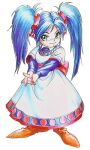  1990s_(style) 1girl blue_hair breath_of_fire breath_of_fire_ii brown_footwear child dress full_body green_eyes long_sleeves looking_at_viewer lowres non-web_source official_art own_hands_together pointy_footwear retro_artstyle simple_background solo standing twintails white_background yua_bateson 