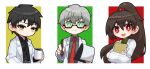 1girl 2boys ayin_(project_moon) benjamin_(project_moon) black_shirt brown_hair carmen_(project_moon) closed_mouth coat collared_shirt cup glasses green_eyes green_shirt grey_shirt high_ponytail highres holding holding_cup holding_pen lab_coat lobotomy_corporation long_hair looking_at_viewer multiple_boys open_mouth patrasche_1599 pen project_moon red_eyes shirt simple_background smile very_long_hair white_background white_coat yellow_eyes 