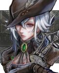 1girl absurdres ai_shou arlecchino_(genshin_impact) ascot black_hat blood blood_on_clothes bloodborne brooch commentary cosplay earrings genshin_impact grey_ascot grey_hair hair_between_eyes hat highres jewelry lady_maria_of_the_astral_clocktower lady_maria_of_the_astral_clocktower_(cosplay) medium_hair solo tricorne upper_body 