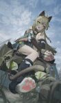  1girl :d absurdres ahoge black_leg_warmers blonde_hair brown_tank_top cat_feet cat_girl cat_tail cloud cloudy_sky commentary_request detached_sleeves fang full_body genshin_impact green_skirt green_vest hair_ornament hairclip hand_on_own_foot highres kirara_(genshin_impact) knee_up komaniya_express_(genshin_impact) long_hair looking_at_viewer multiple_tails open_mouth outdoors pupubutong sitting skin_fang skirt sky smile solo sweatdrop tail tank_top two_tails very_long_hair vest 