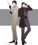  2boys alternate_costume black_eyes black_footwear black_gloves black_hair black_necktie black_socks bleach brown_jacket brown_pants coat collared_jacket collared_shirt dual_wielding ginjou_kuugo gloves grey_pants grey_vest gun hair_slicked_back hand_on_own_head highres holding holding_gun holding_weapon jacket looking_at_viewer multiple_boys necktie nentr0 open_clothes open_coat open_jacket pants ponytail red_shirt revolver scar scar_on_face shell_casing shirt simple_background socks standing suit tsukishima_shuukurou turtleneck undershirt vest weapon 