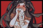  1girl apron bandaged_arm bandages black_border black_hair blunt_bangs blush border clenched_hands collar collared_shirt commentary covering_own_mouth danganronpa_(series) danganronpa_2:_goodbye_despair eyelashes heart heart_in_eye highres kaseki_(0st_rea) long_hair looking_at_viewer mole mole_under_eye outside_border pink_shirt pink_sleeves puffy_short_sleeves puffy_sleeves red_background red_eyes shirt short_sleeves simple_background solo symbol-only_commentary symbol_in_eye tsumiki_mikan upper_body very_long_hair white_apron white_collar 
