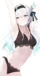  1girl absurdres aqua_pupils armpits arms_up black_bra blush bra breasts firefly_(honkai:_star_rail) gradient_hair grey_hair hair_between_eyes hairband highres honkai:_star_rail honkai_(series) lingerie long_hair looking_at_viewer multicolored_hair navel nei1122 nose_blush pink_eyes small_breasts solo underwear wavy_mouth 